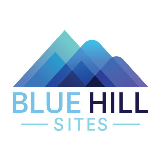 Logo for Blue Hill Sites: Blue mountain graphic with text