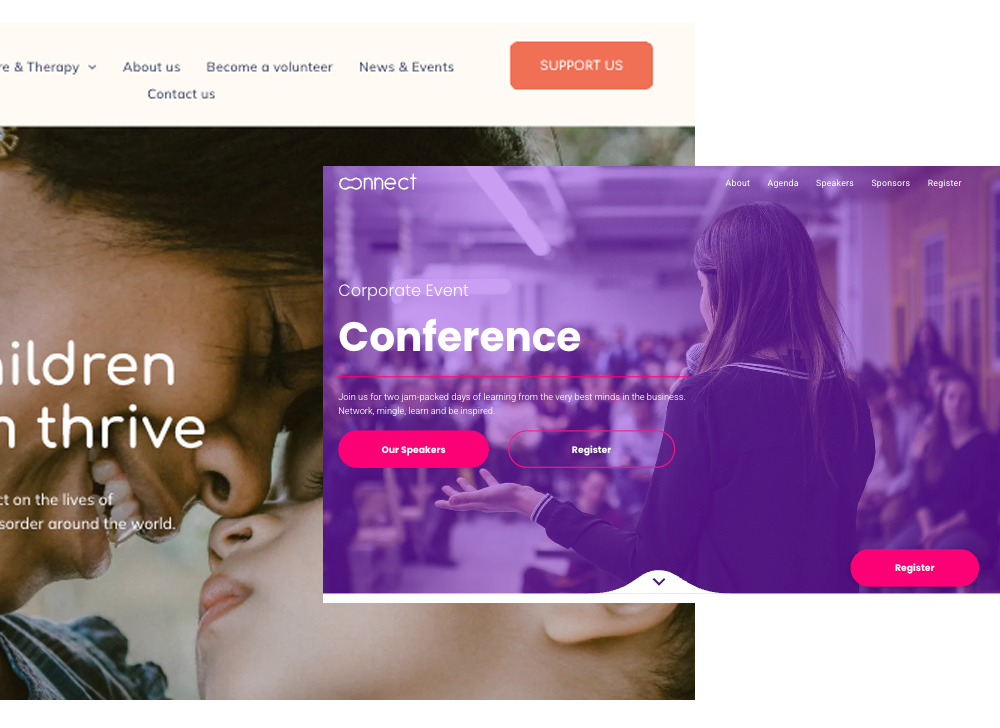 Websites with different designs; one with a child's face, and another promoting a conference.