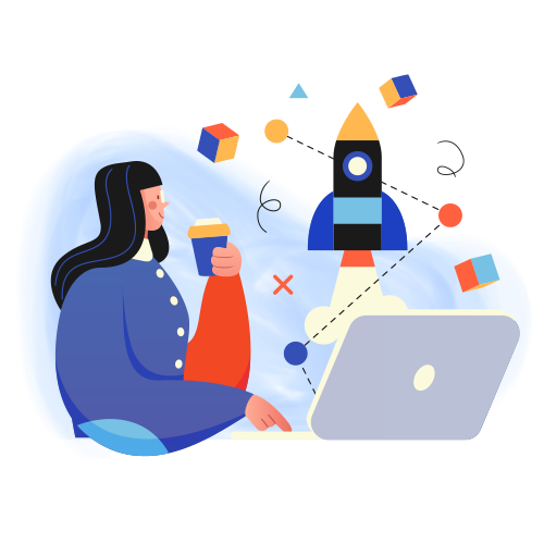 Woman with coffee, laptop, and rocket launching with colorful shapes.