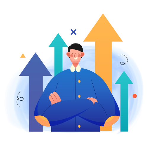 Man with arms crossed, smiling in front of upward-pointing arrows representing growth.