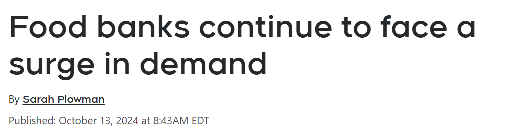 Headline screenshot reading “Food banks continue to face a surge in demand” with byline and date below