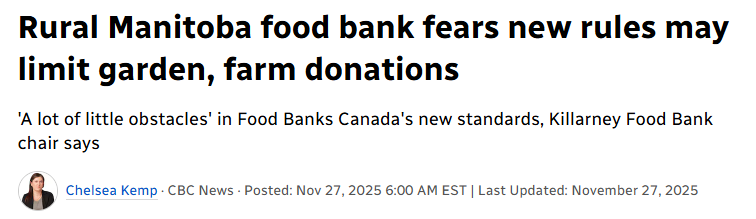 Headline: Rural Manitoba food bank fears new rules may limit garden, farm donations
