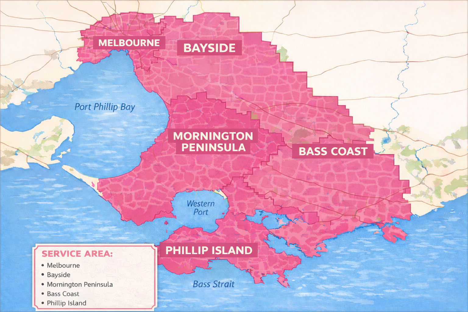 Map of Melbourne, Bayside, Mornington Peninsula, Bass Coast, and Phillip Island in pink.