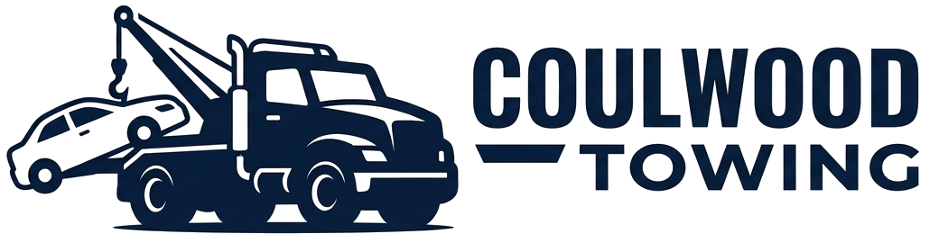 Dark blue logo for Coulwood Towing featuring a tow truck pulling a car.