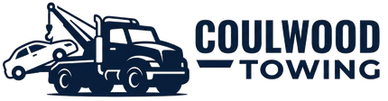 Dark blue logo for Coulwood Towing featuring a tow truck pulling a car.