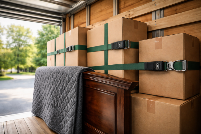 Boxes secured with straps in a moving truck, with a quilt draped over furniture.