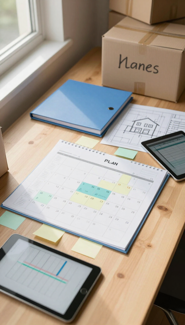 Desk with planners, notebooks, and tablets by a window, with cardboard boxes in the background.
