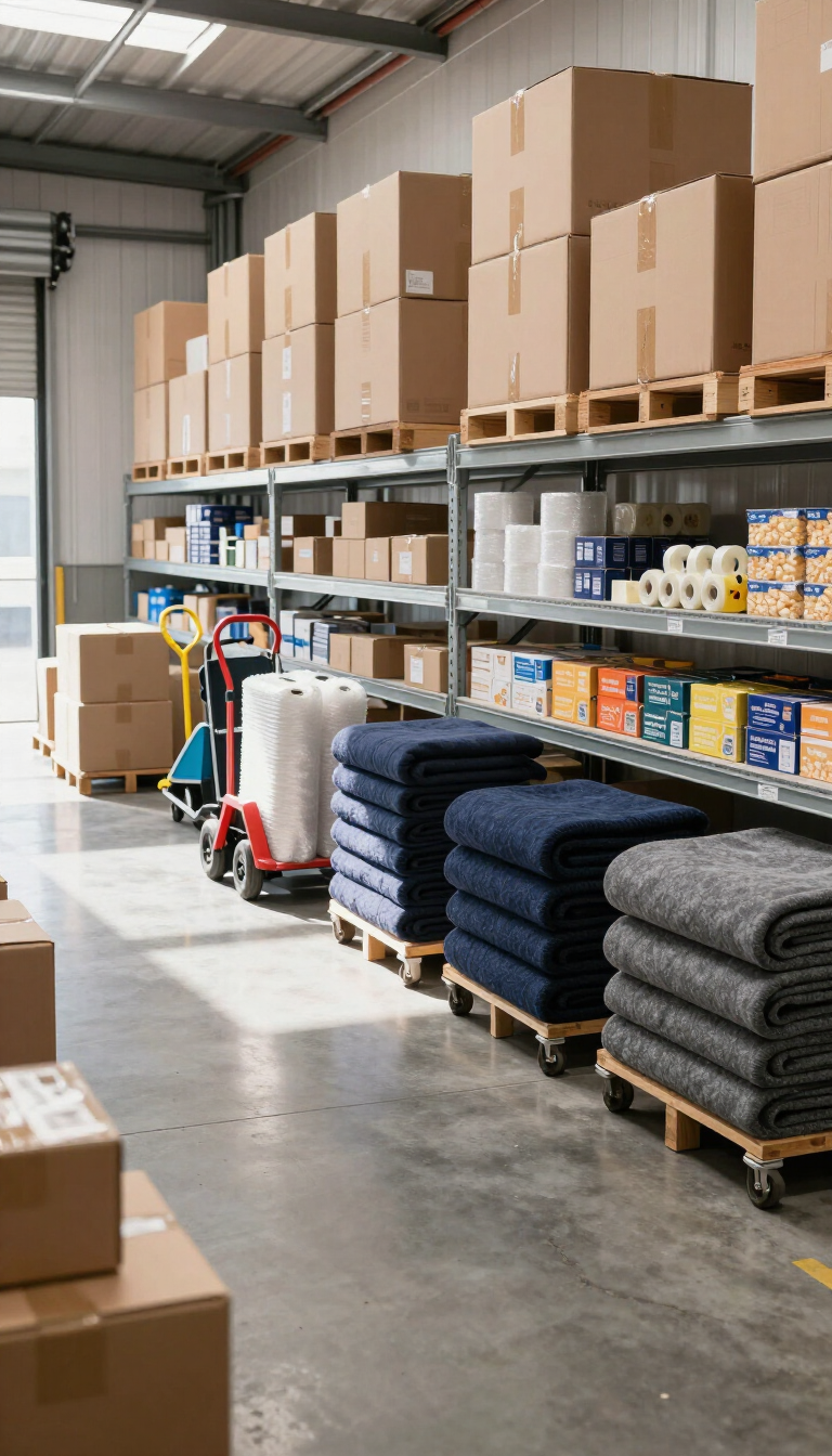 Warehouse aisle with stacked boxes, packed shelves, and folded blankets on pallets under industrial lighting