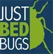 Logo for "Just Bed Bugs": text and a green bed bug silhouette on a blue background.