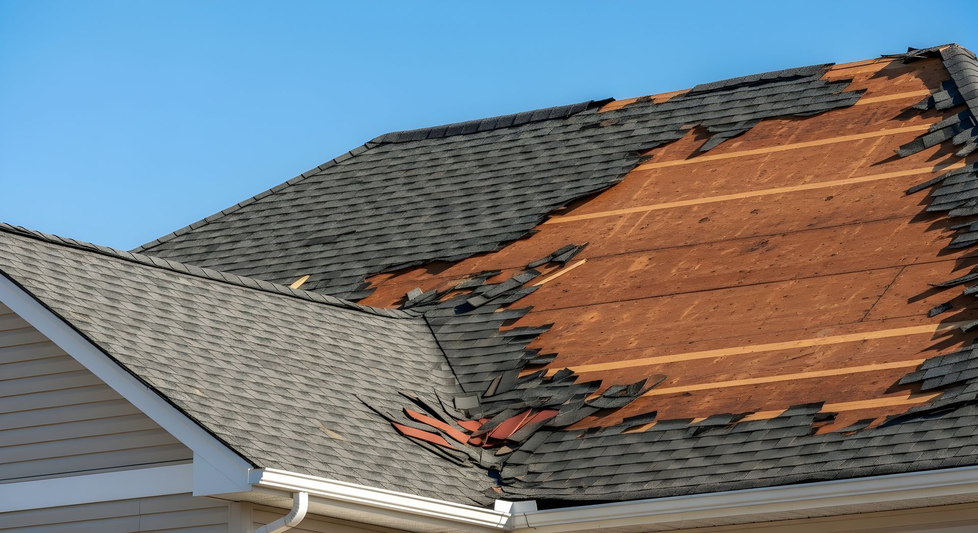Damaged roof with large missing shingles and exposed underlayment on a house
