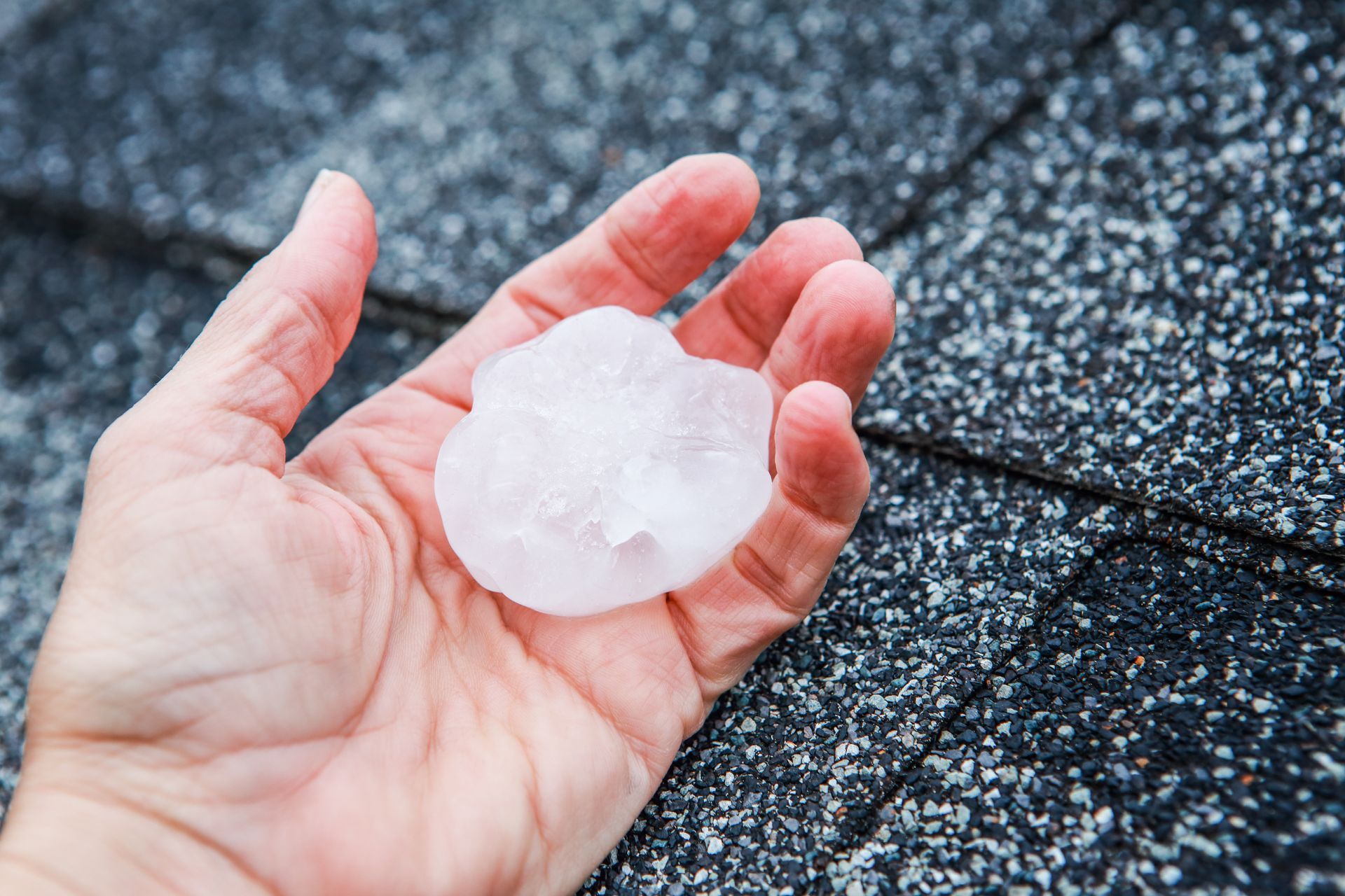 Hand holding a large white hailstone over wet pavement