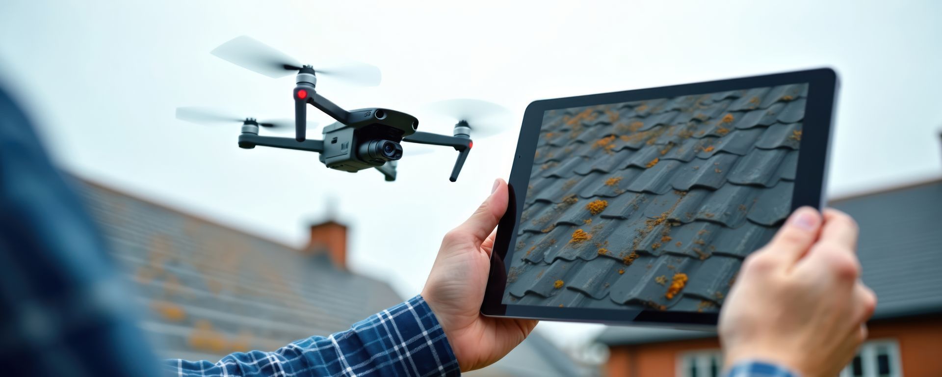 Drone inspecting a shingled roof while someone holds a tablet displaying the roof view
