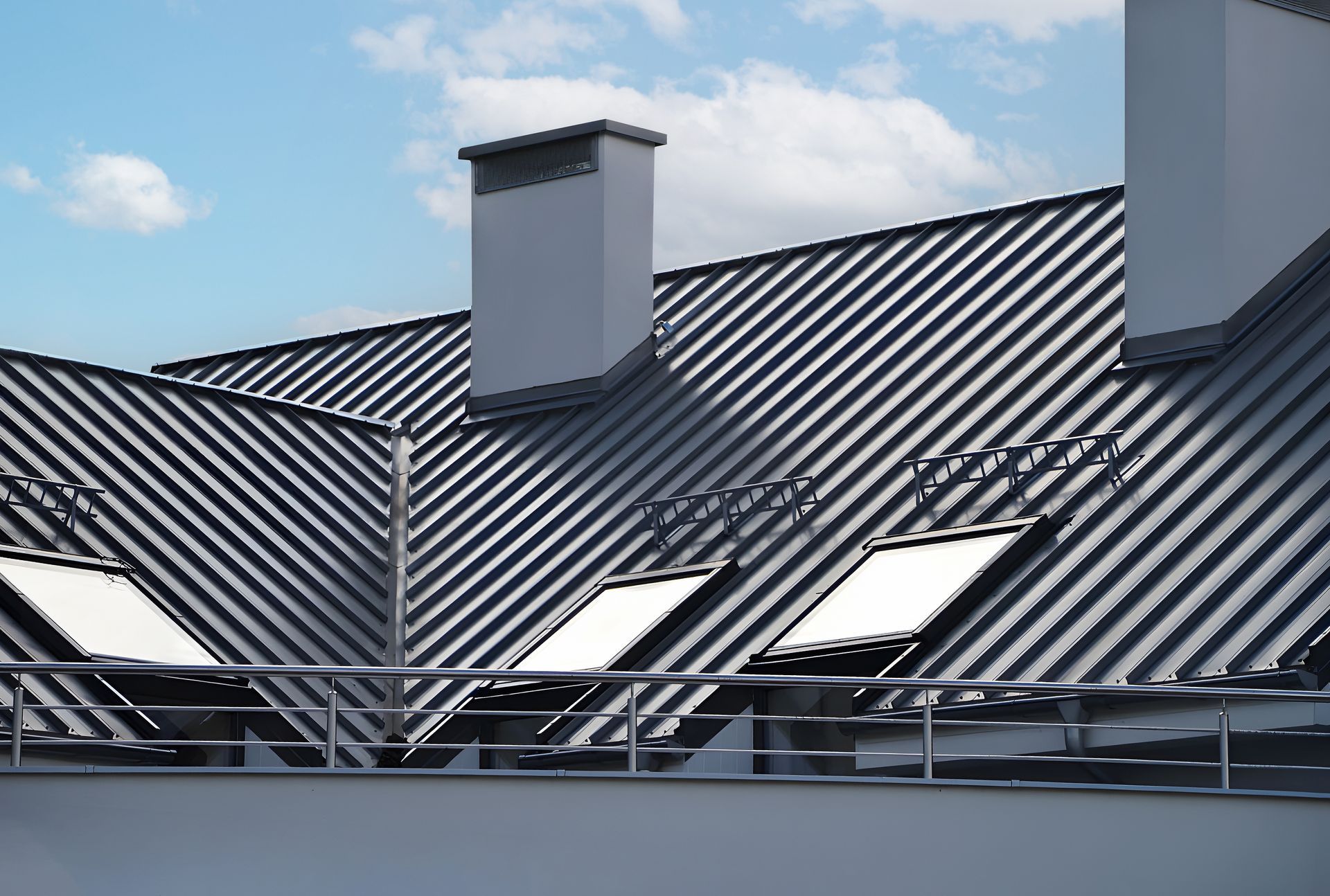 Modern rooftop with gray metal panels, skylights, and chimneys under a blue sky