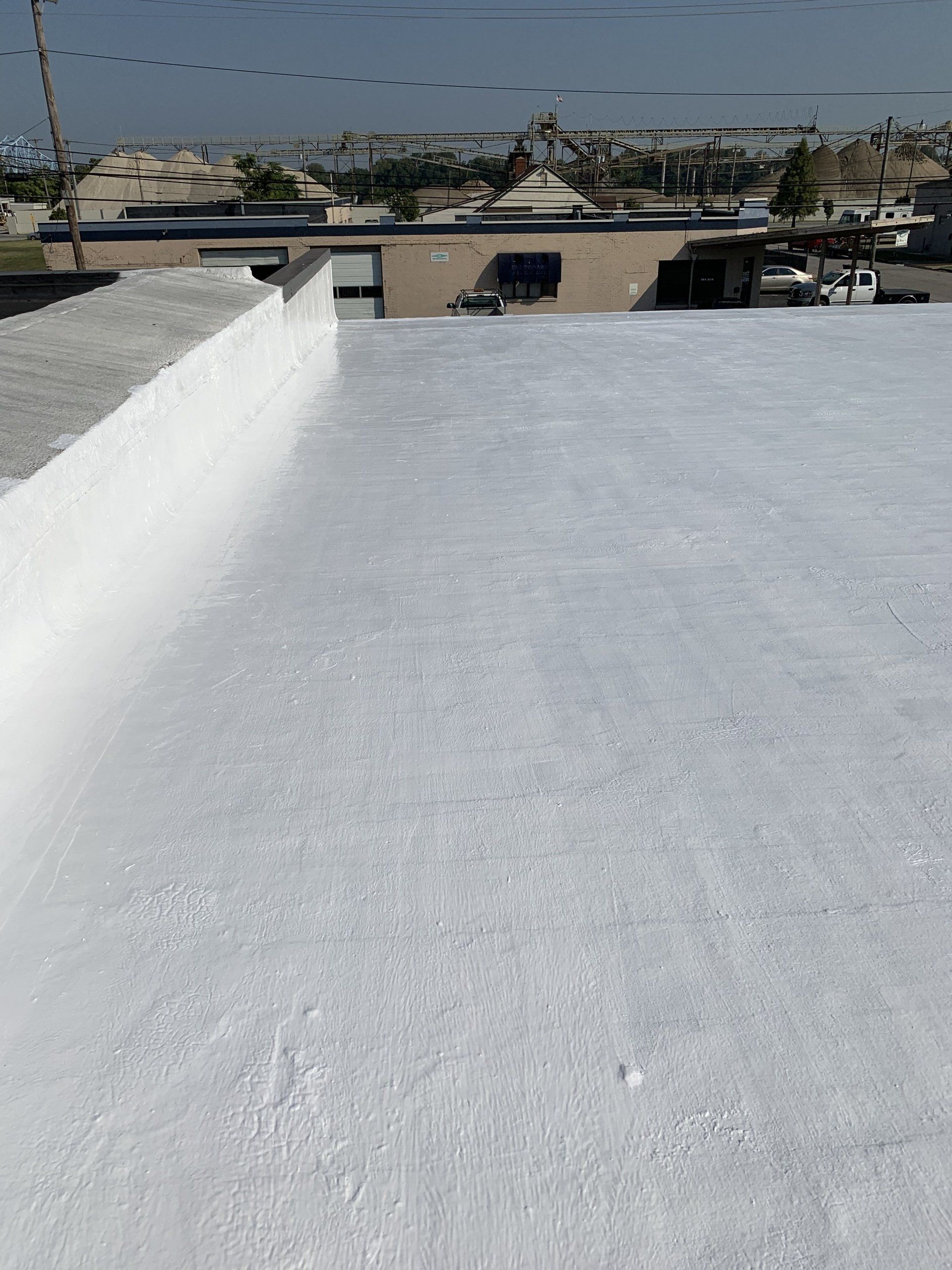 Rooftop with a white-coated surface under a sunny sky, overlooking parked cars and palm trees