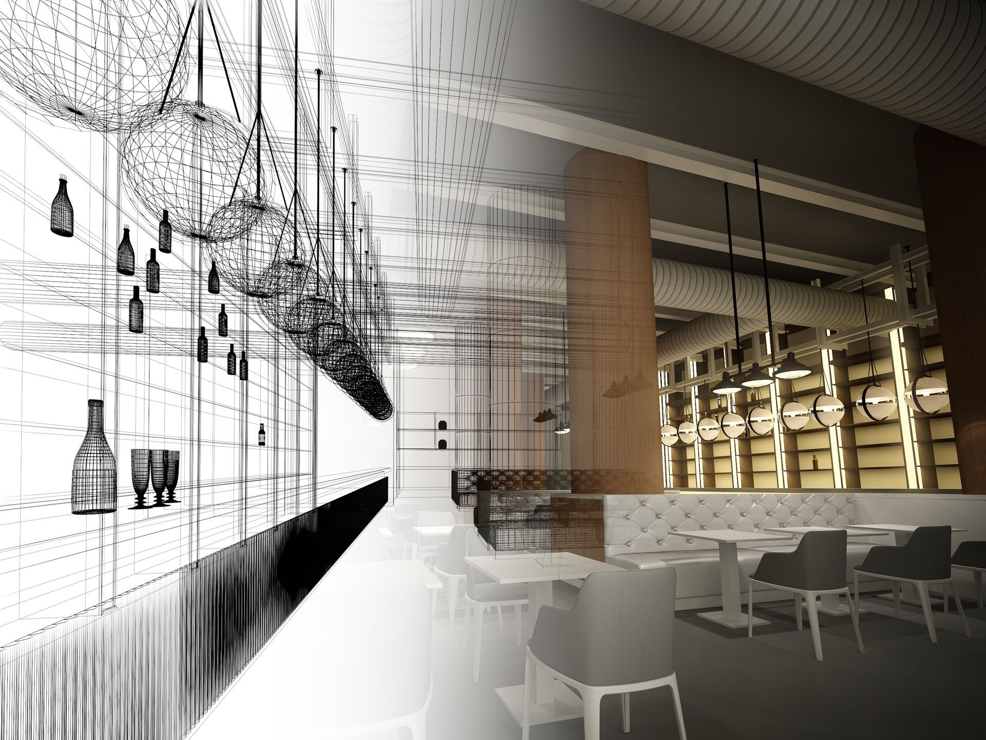 Modern café interior with hanging lights, sketch-like wall art, and tables and chairs