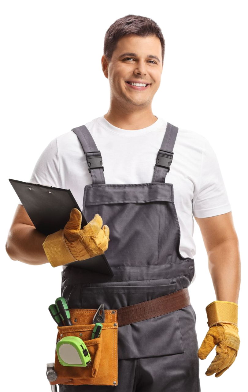 Smiling handyman in gray overalls with tool belt, holding a clipboard and gloves, on a white background