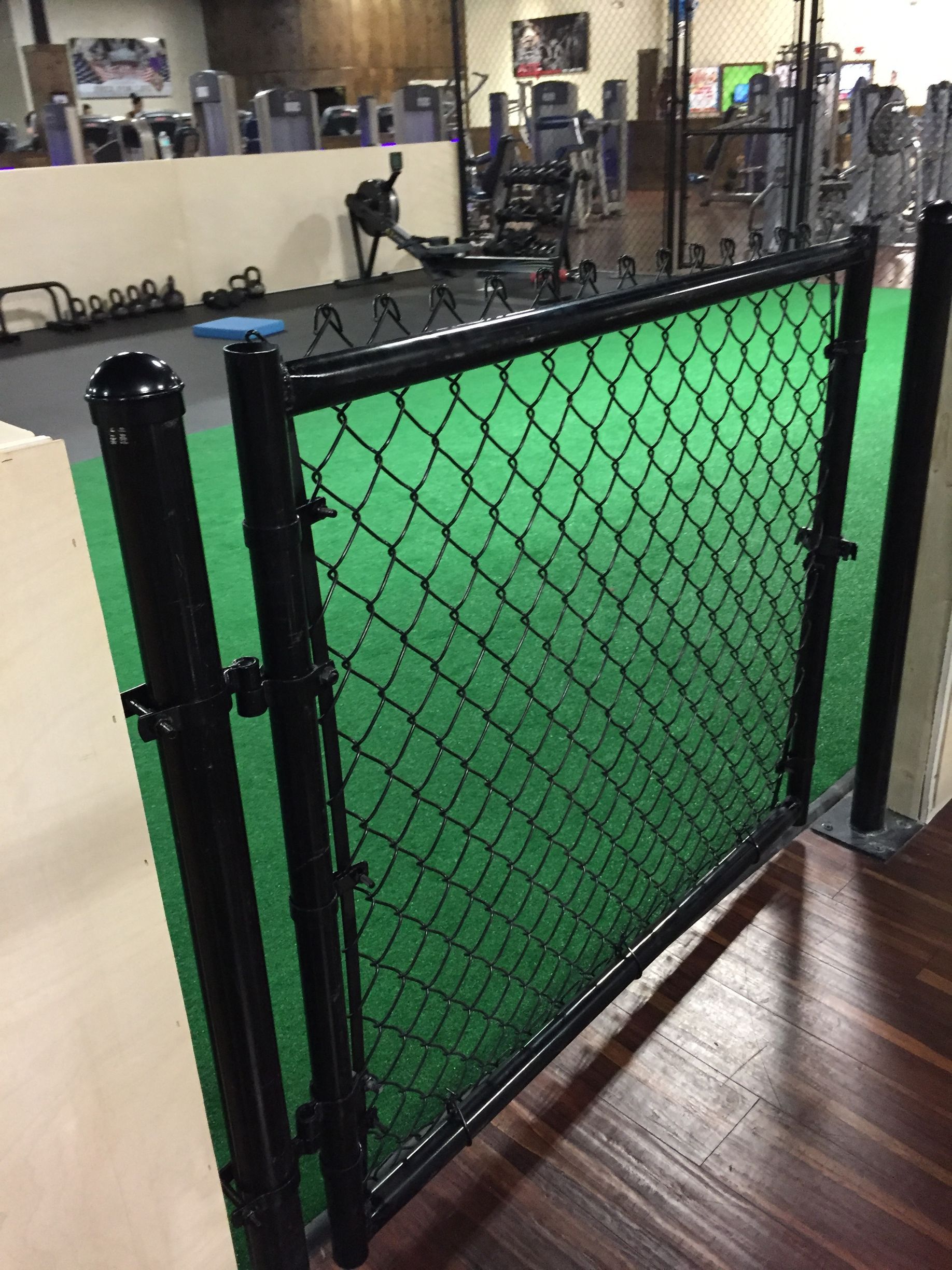 Black chain-link fence and gate, in a gym, with green turf behind it.