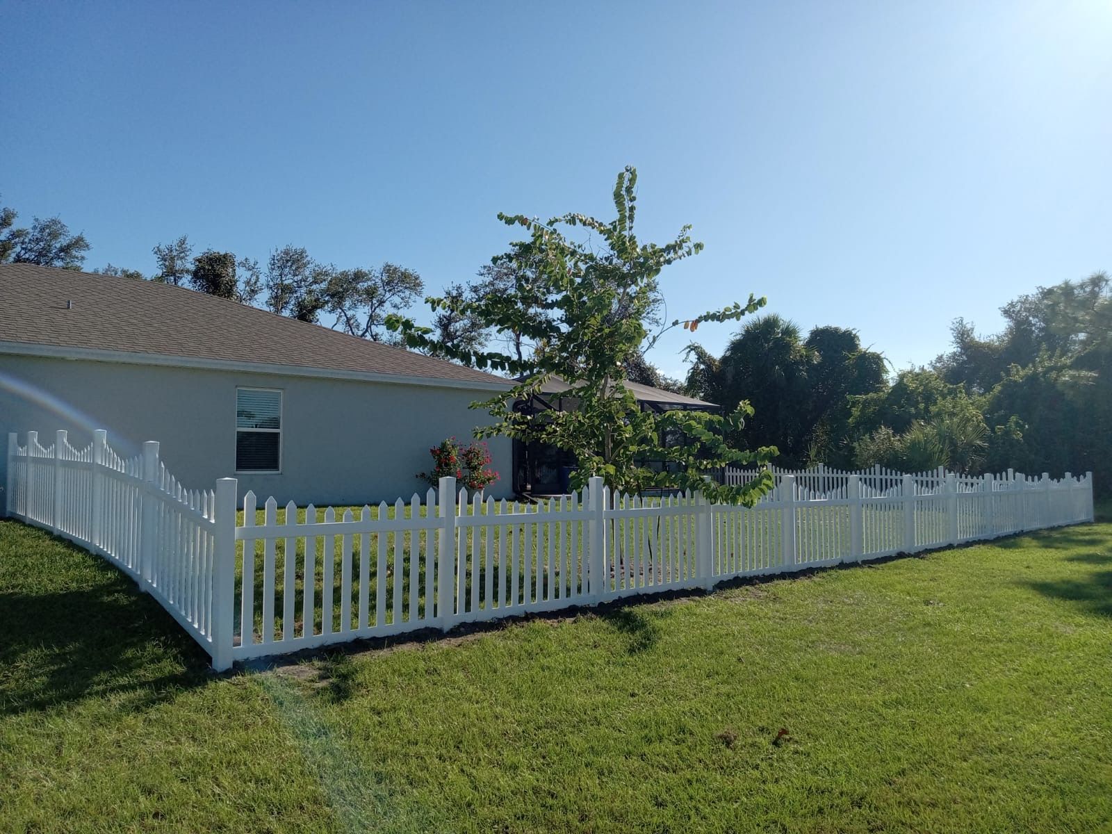 White picket fence surrounds a grassy backyard, adjacent to a light-colored house under a clear blue sky.
