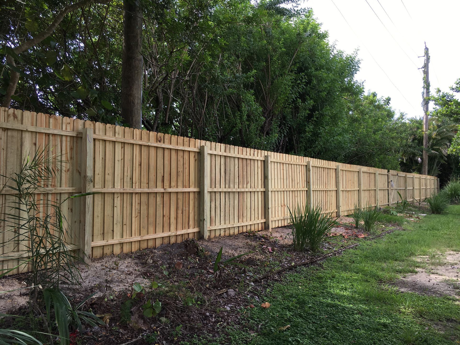 Wooden fence along a grassy area, with trees in the background.