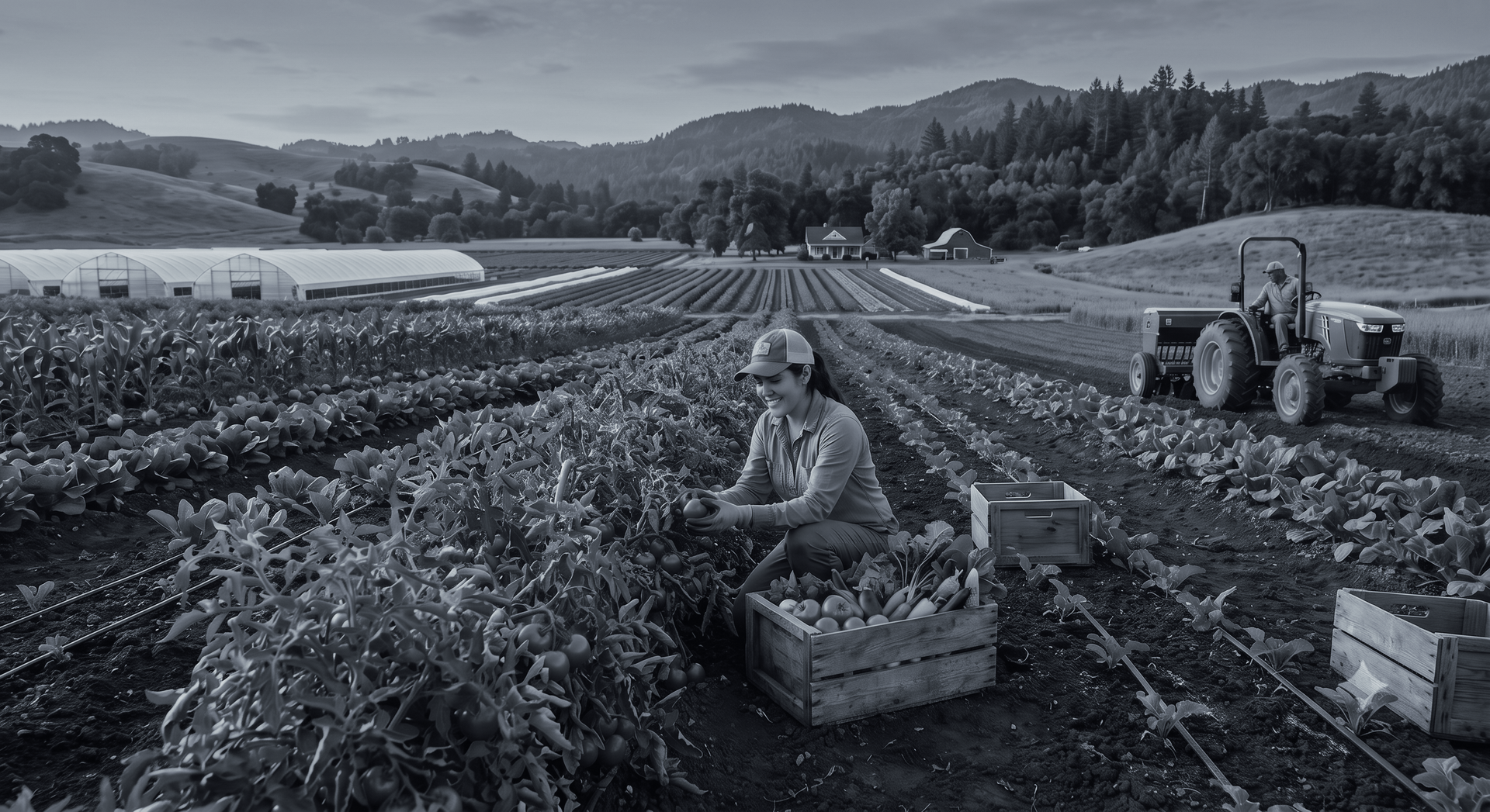 Farm workers harvesting crops in a field, with tractors and greenhouses in the background.