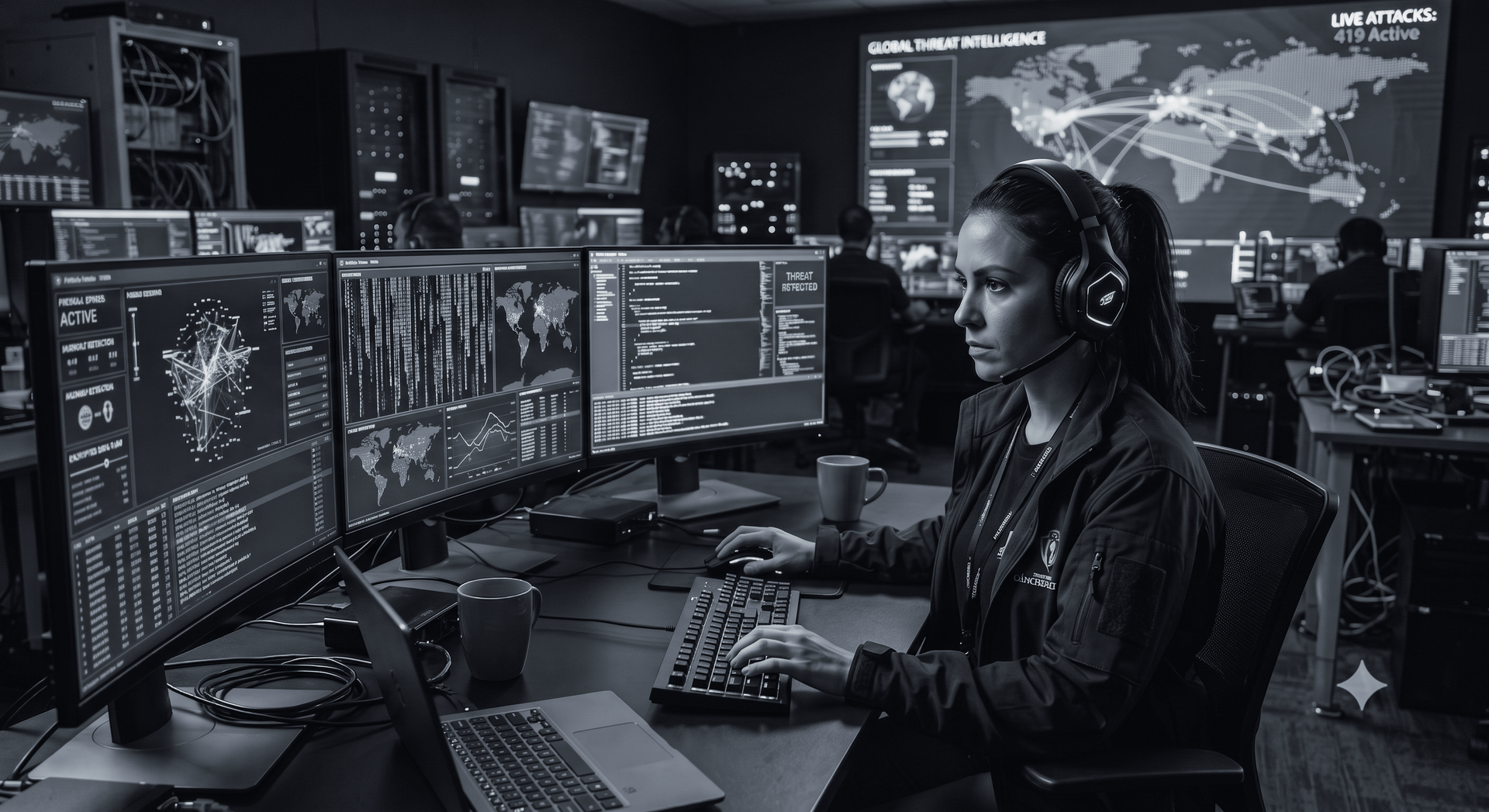 Analyst at a multi-monitor cybersecurity command center, monitoring data in a dimly lit room.