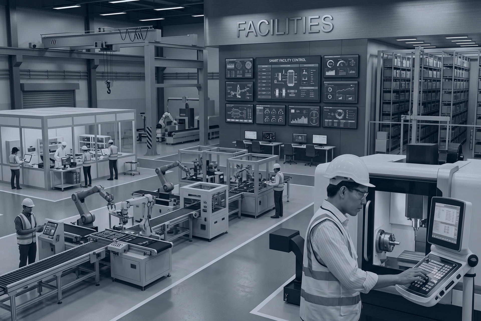 Factory worker monitoring equipment on an assembly line in a modern industrial facility.