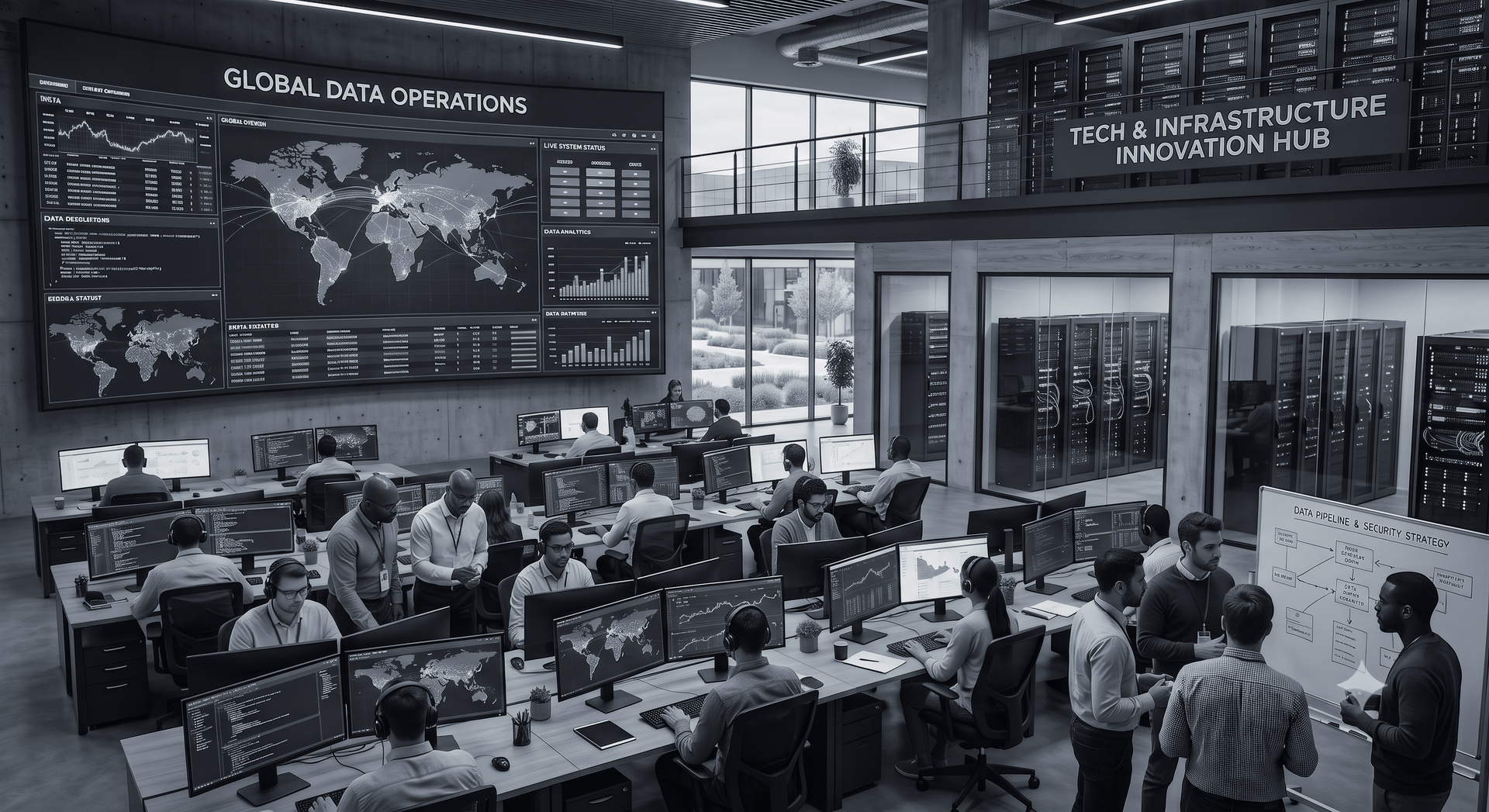 Busy security operations center with analysts at monitors and a large world map display