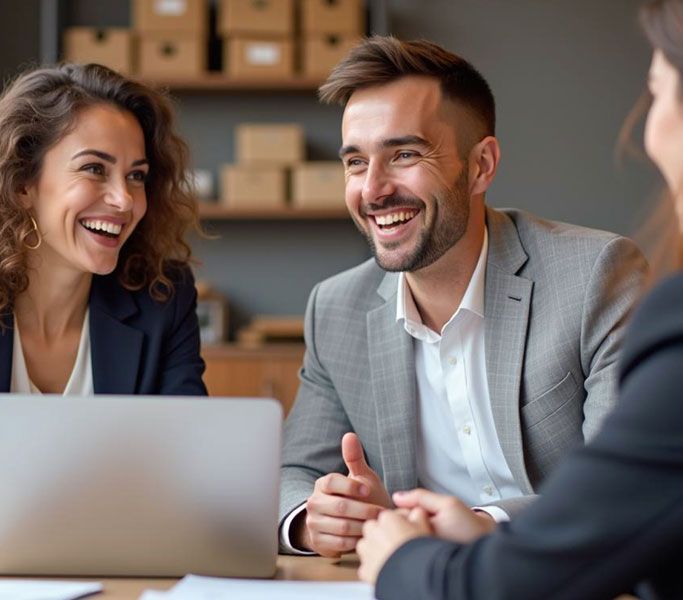 Two coworkers smiling in a meeting beside a laptop, with stacked boxes in the background