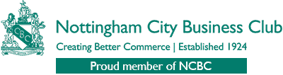 Nottingham City Business Club logo with teal crest and green banner reading “Proud member of NCBC”