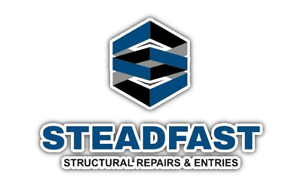 Steadfast Structural Repairs & Entries logo in blue, gray, and black on a white background