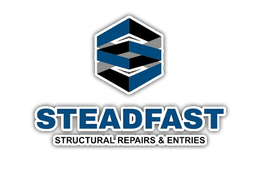 Steadfast Structural Repairs & Entries logo in blue, gray, and black on a white background