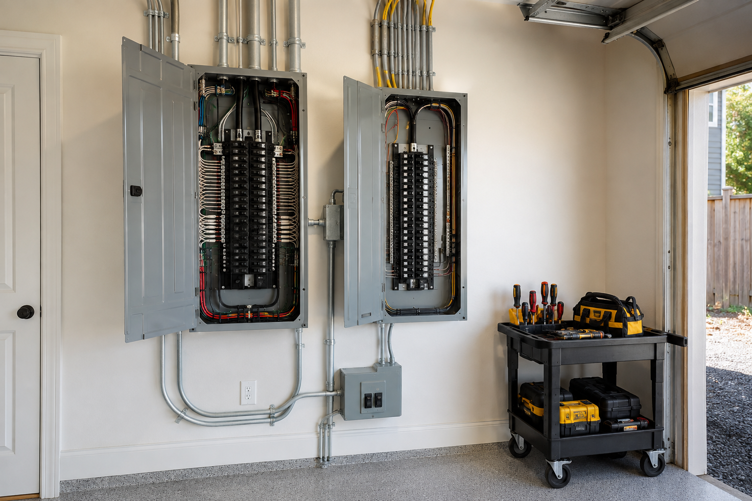 Open electrical panels in a garage with a tool cart nearby