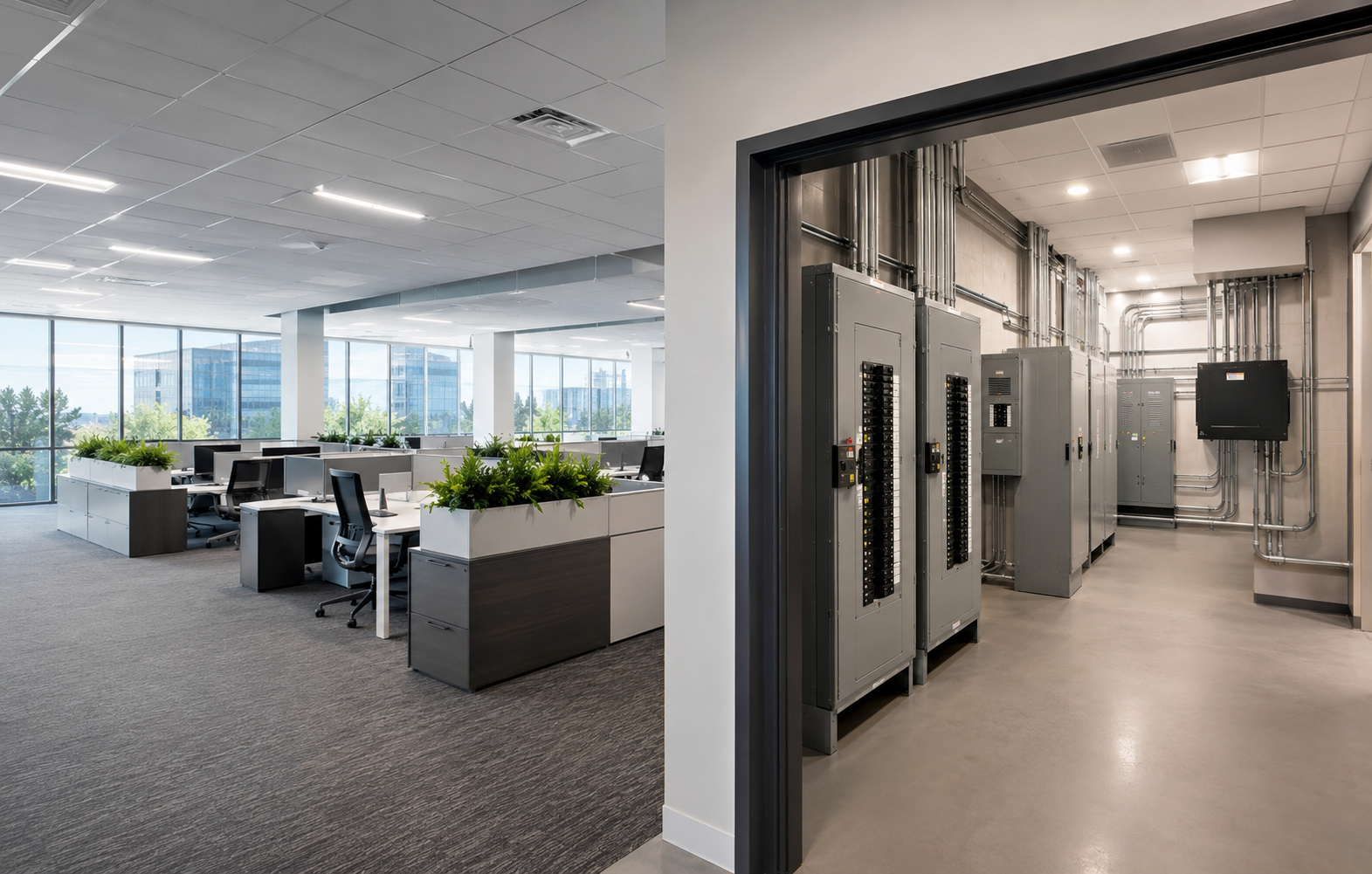 Modern office with desks and plants beside an open corridor of servers and equipment