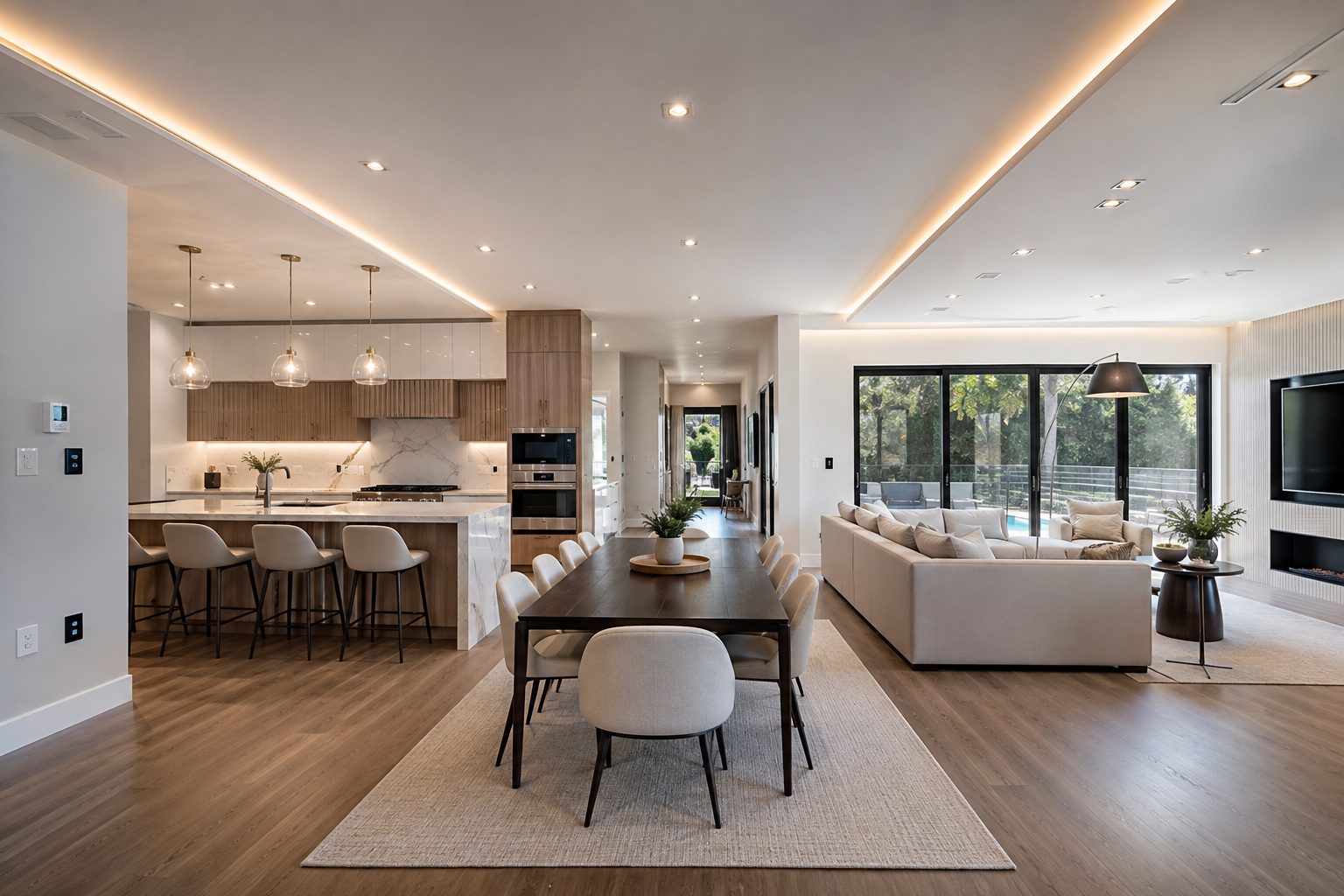 Open-concept modern living and dining room with kitchen, wood floors, and large windows