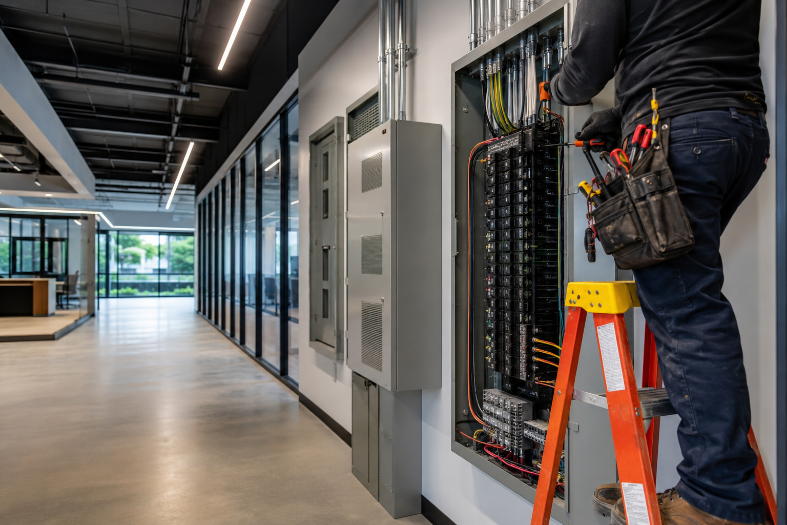 Technician working on network cabling in a modern server room, with open racks and a step stool.