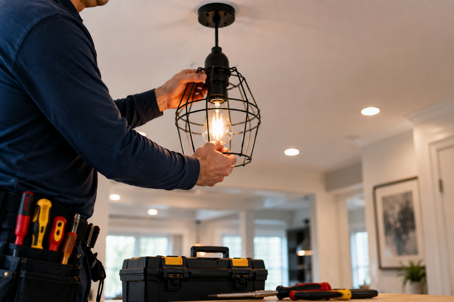 Person installing a black wire cage ceiling light in a bright room, with tools on a nearby table