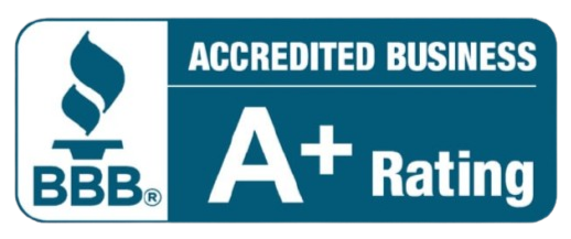 BBB Accredited Business A+ Rating logo in blue and white
