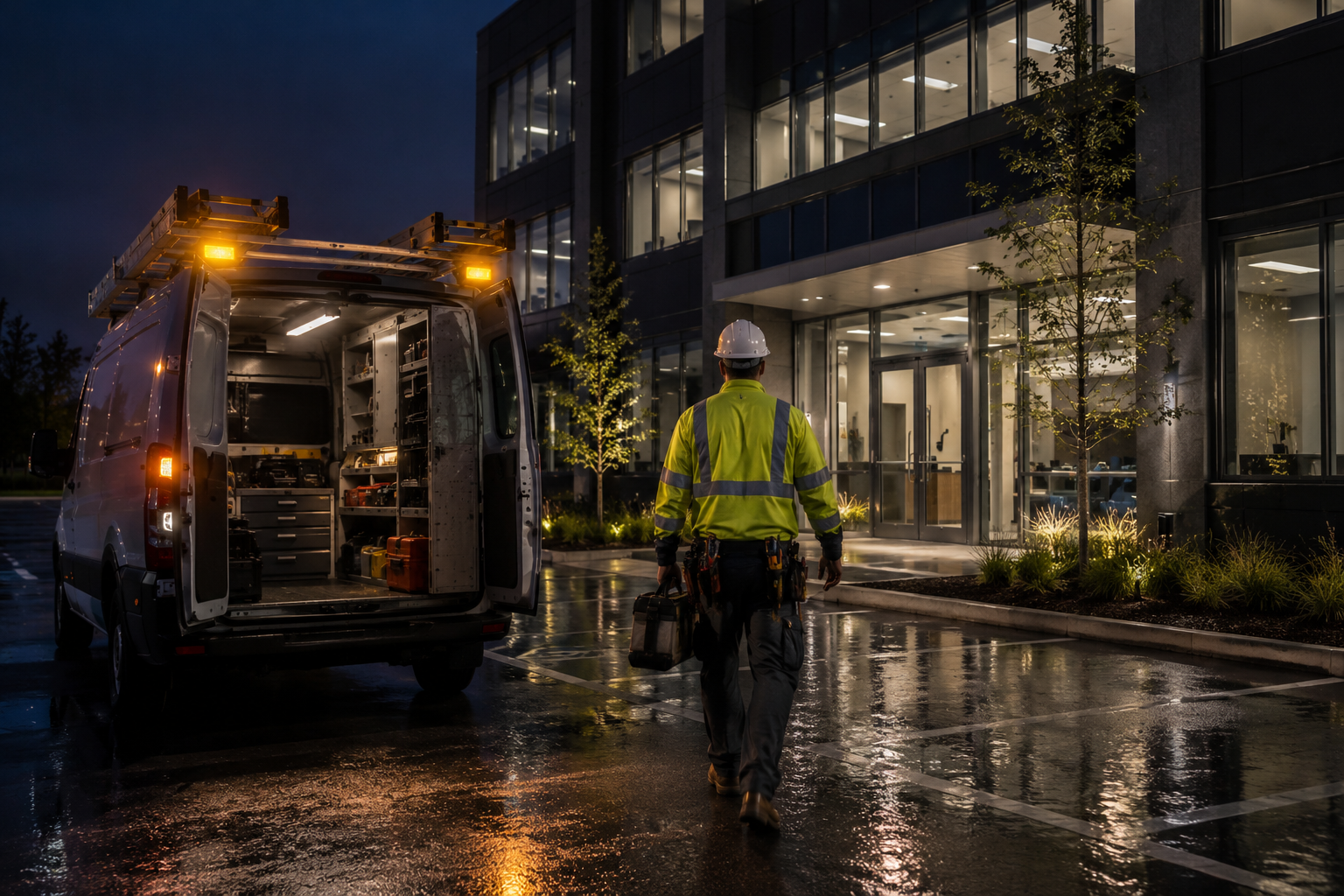Worker in reflective jacket walking by a utility truck outside a lit office building at night.