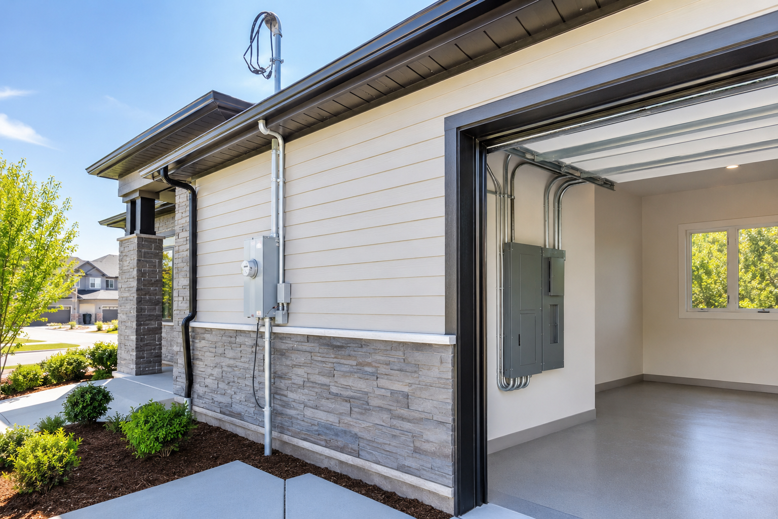 Exterior view of a garage with the door open, showing a clean, empty interior and driveway