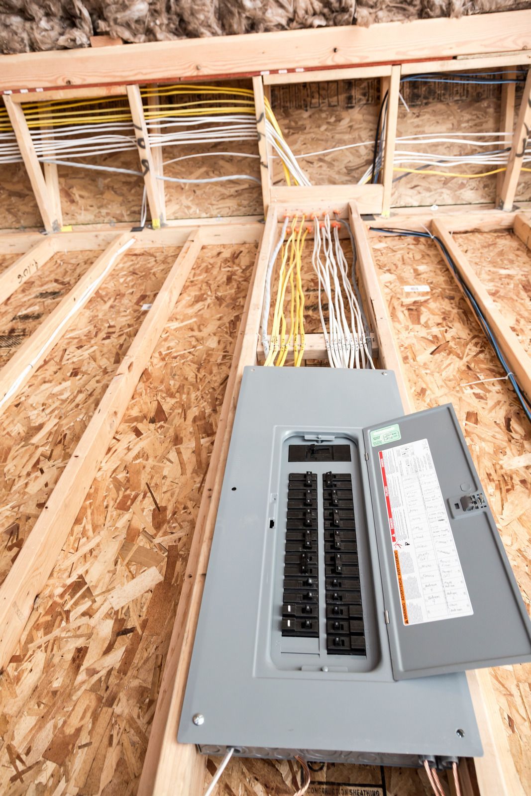Open electrical panel in unfinished wood-framed wall with exposed wiring and circuit breakers