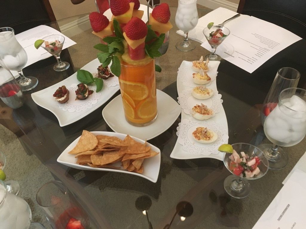 A table with plates of food and drinks on it