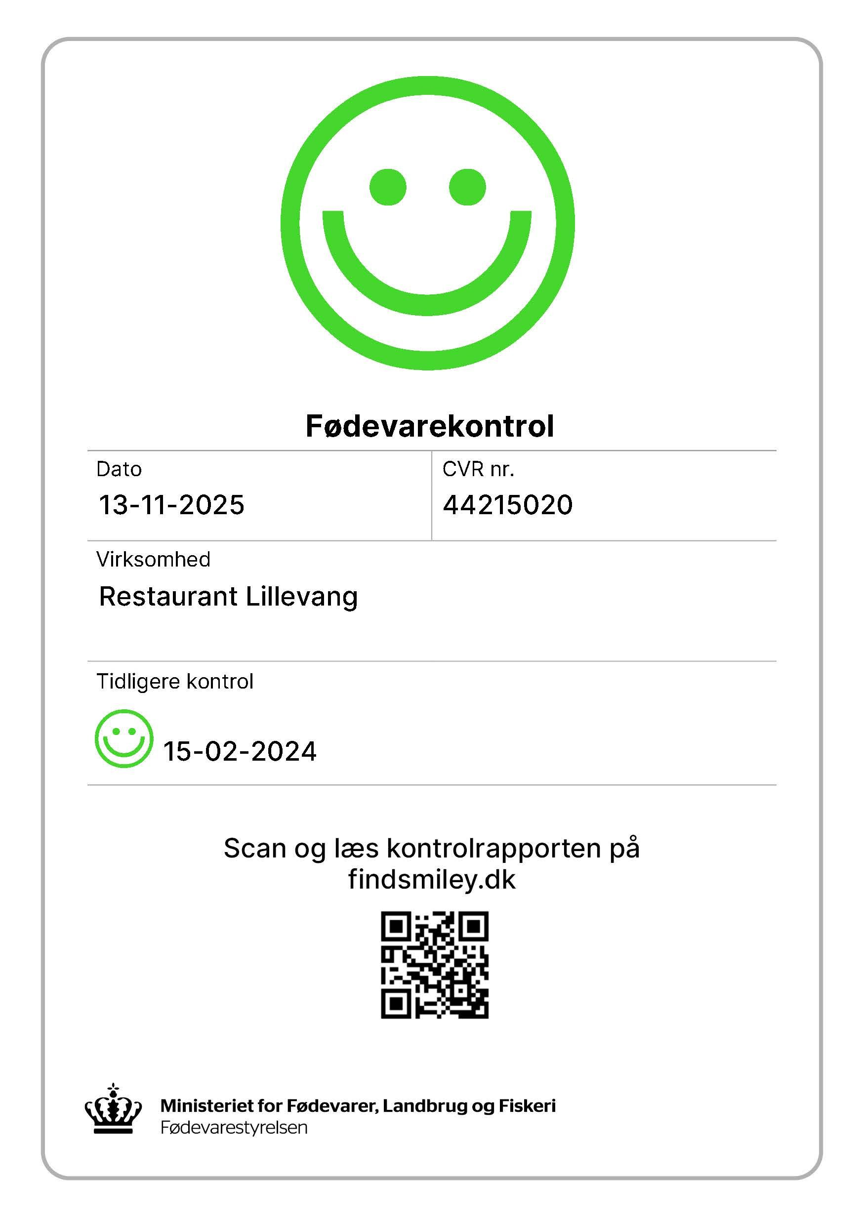 Dansk fødevaresikkerhedskontrolcertifikat med grønt smileyansigt, gyldigt indtil 13-11-2025 for Restaurant Lillevang.