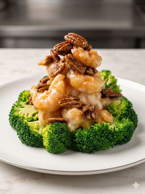 Shrimp and pecans piled on a broccoli ring garnish on a white plate