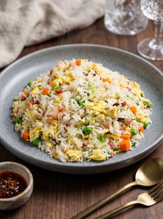 Plate of vegetable fried rice with carrots and peas on a gray table, with chopsticks and dipping sauce nearby