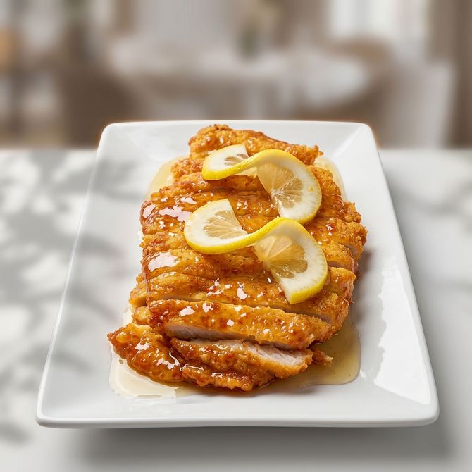 Breaded fried cutlets topped with lemon slices on a white plate
