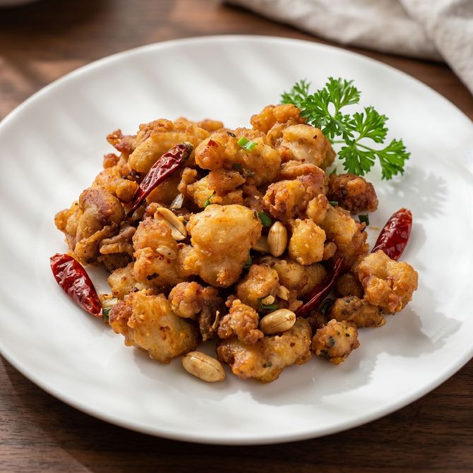Crispy fried cauliflower and peanuts on a white plate, garnished with parsley and dried red chilies.