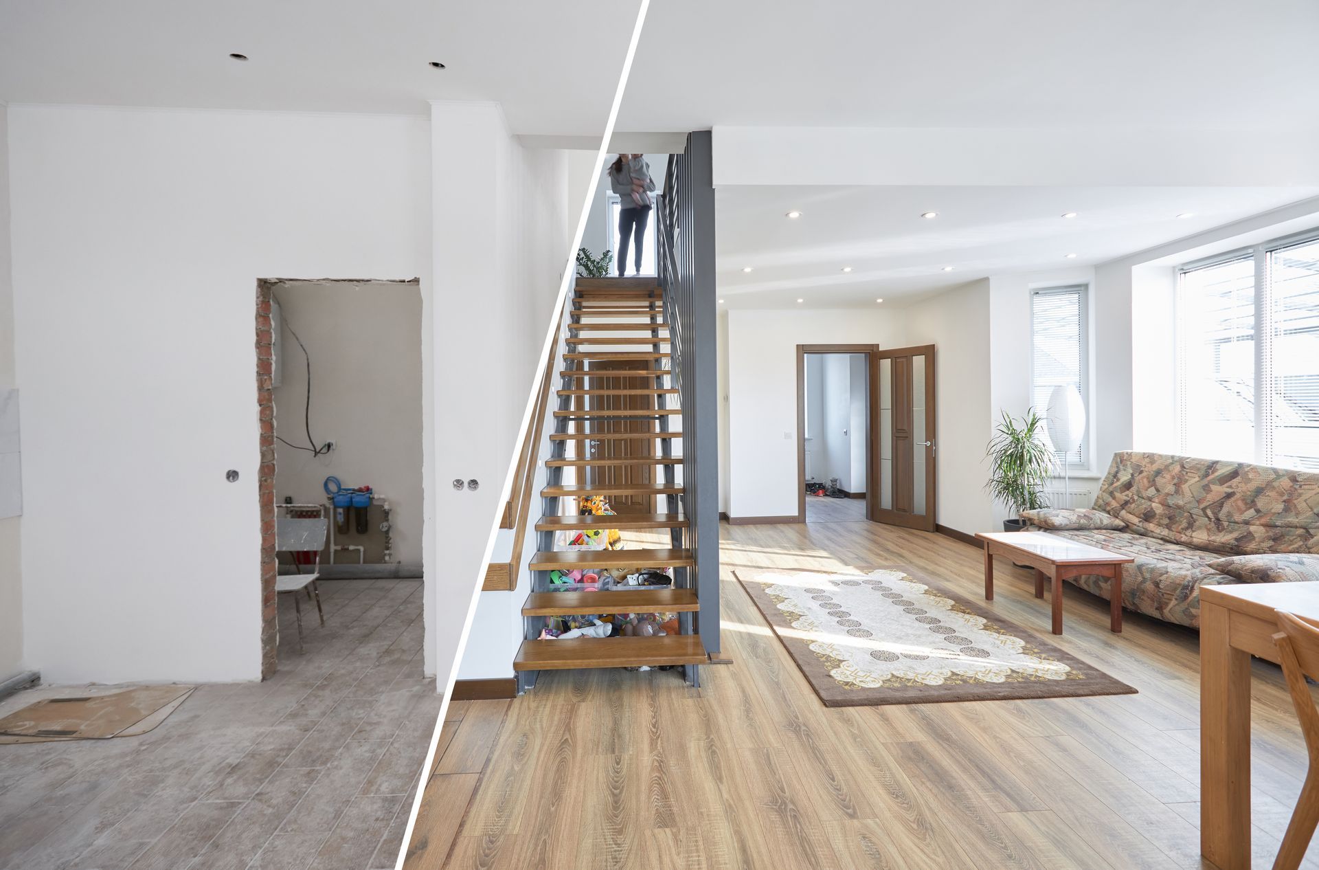 Bright living room with staircase under construction, wooden floors, couch, and large windows