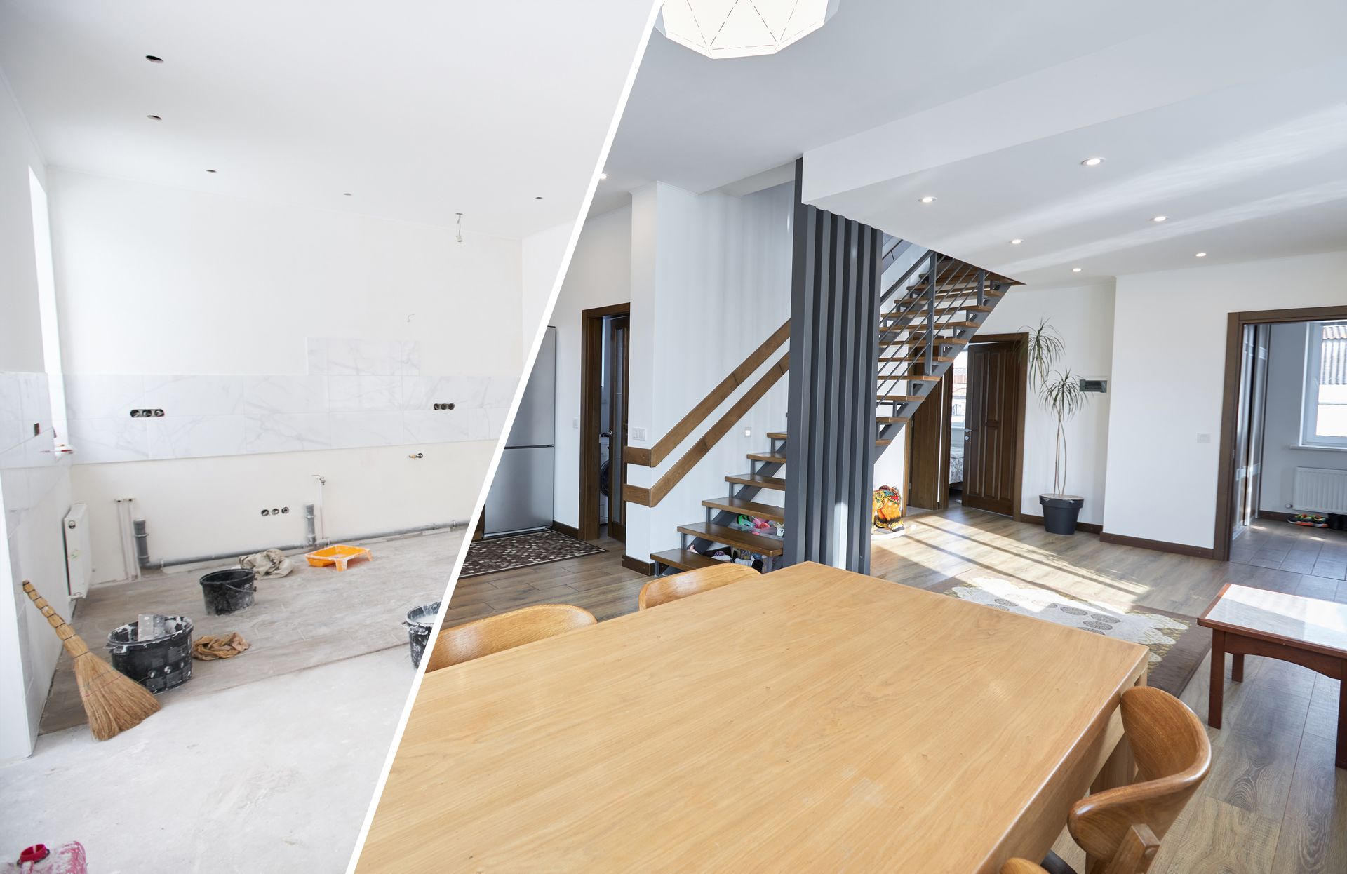 Open-plan modern home interior with staircase, dining table, and kitchen renovation in progress
