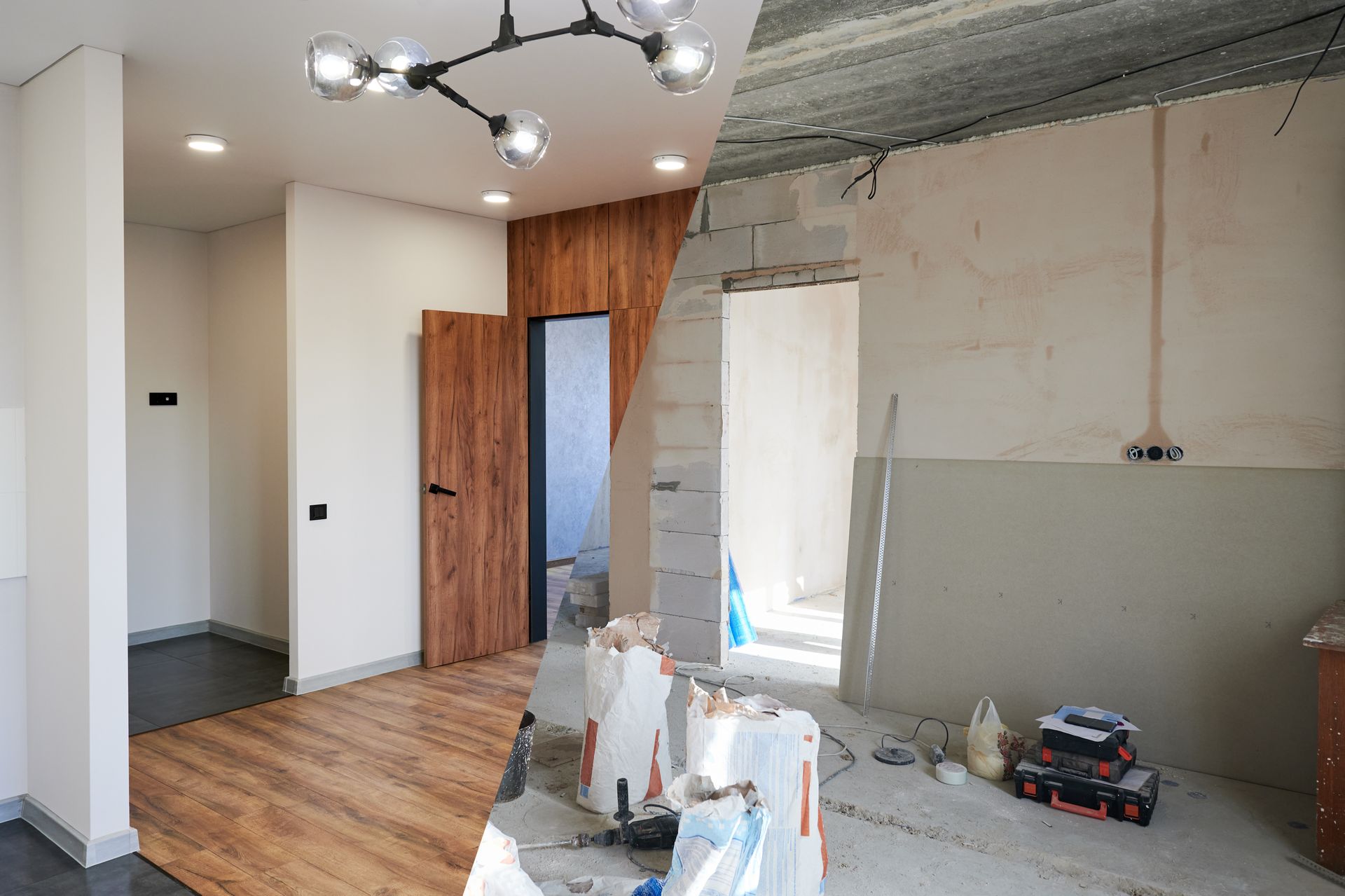 Partially renovated apartment with exposed wall, tools, wood floor, and modern ceiling light fixture