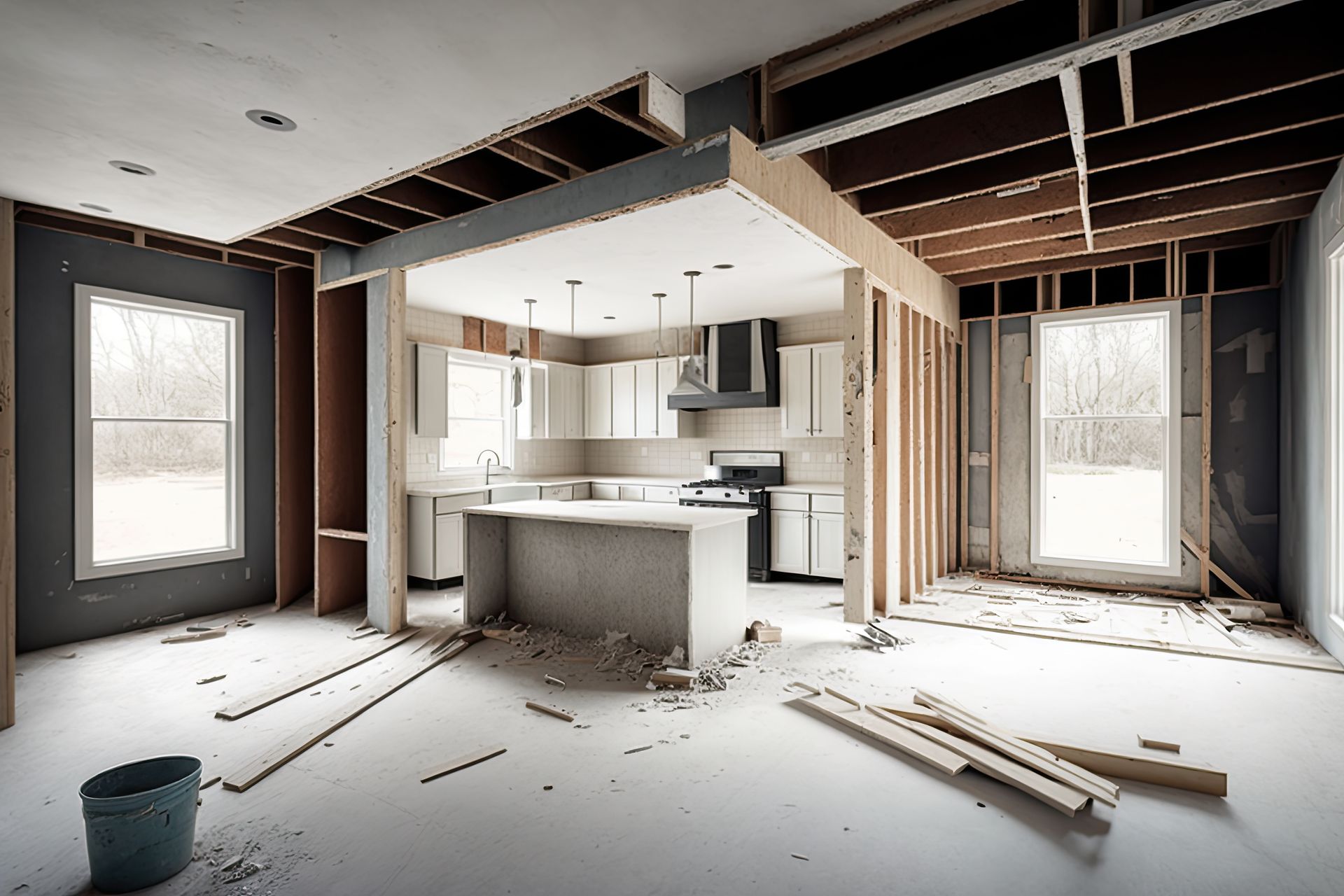 A kitchen in the midst of renovation with exposed wooden framing, unfinished drywall, and debris on the floor.